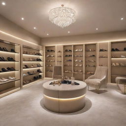 A luxurious yet comfortable shoe shop, with elegant decor, soft lighting, plush seating and a diverse collection of high-end shoes on polished display shelves.