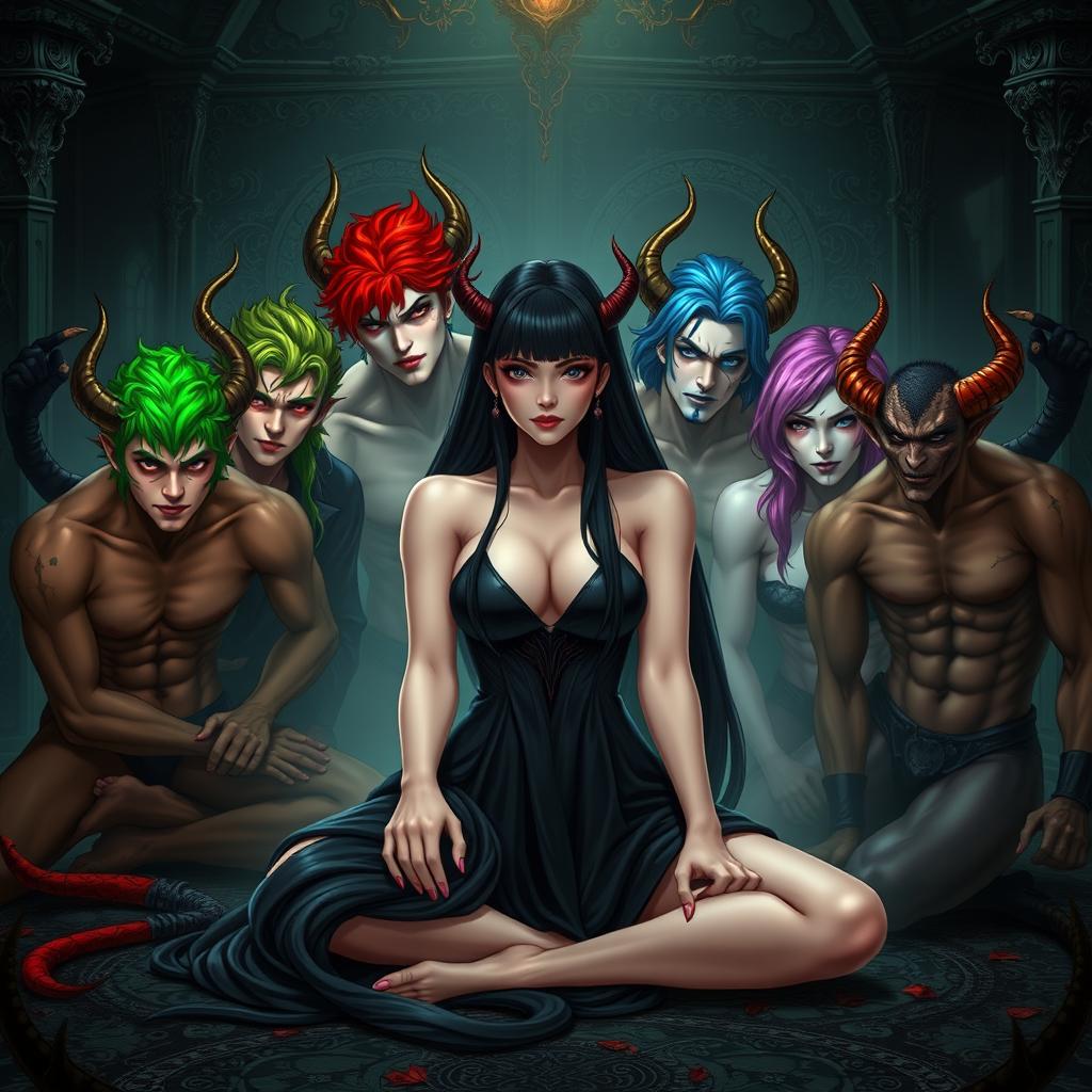 An attractive female with long black hair sitting on the floor, surrounded by seven handsome demonic men, each representing one of the seven deadly sins