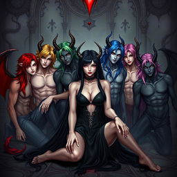 An attractive female with long black hair sitting on the floor, surrounded by seven handsome demonic men, each representing one of the seven deadly sins