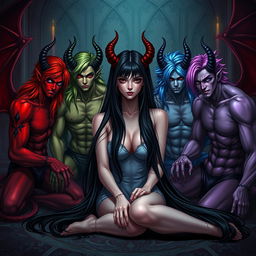 An attractive female with long black hair sitting on the floor, surrounded by seven handsome demonic men, each representing one of the seven deadly sins