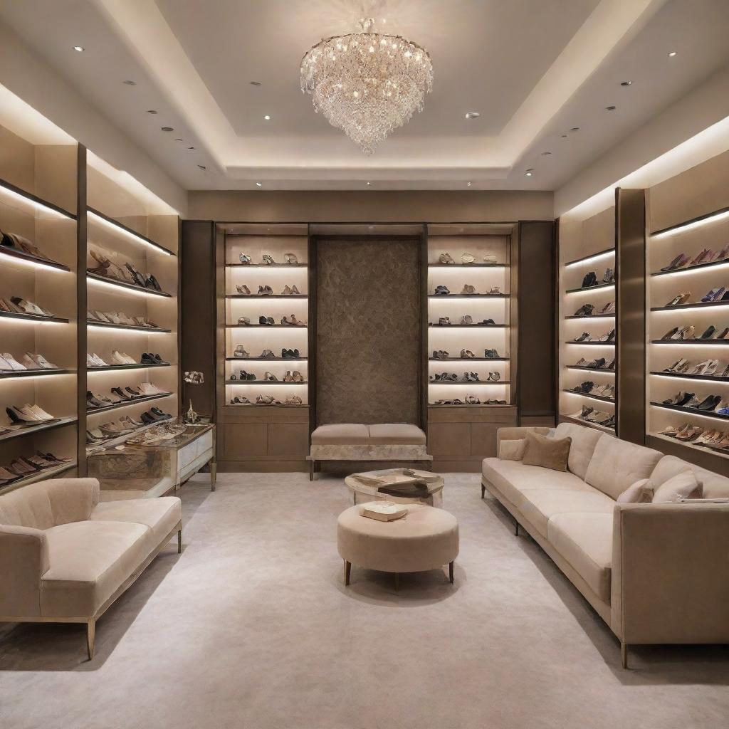 A luxurious yet comfortable shoe shop, with elegant decor, soft lighting, plush seating and a diverse collection of high-end shoes on polished display shelves.