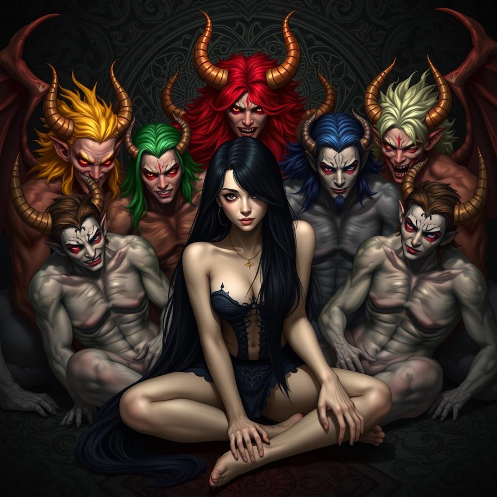 An attractive human female with long black hair sitting down on the floor, surrounded by seven demonic men, each representing one of the seven deadly sins