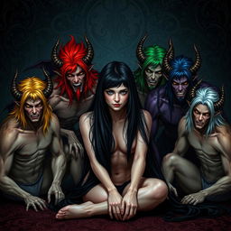 An attractive human female with long black hair sitting down on the floor, surrounded by seven demonic men, each representing one of the seven deadly sins