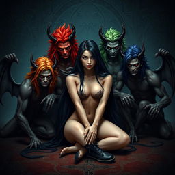 An attractive human female with long black hair sitting down on the floor, surrounded by seven demonic men, each representing one of the seven deadly sins