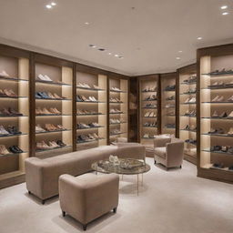 A luxurious yet comfortable shoe shop, with elegant decor, soft lighting, plush seating and a diverse collection of high-end shoes on polished display shelves.