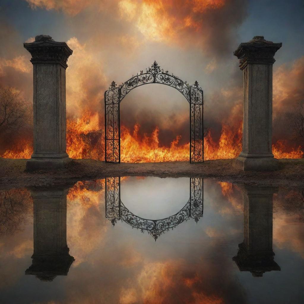 A surreal landscape depicting heaven and hell as reflections of each other, with the earth at the boundary. Pearly gates and fire pits mirrored to symbolize 'As above, so below'.