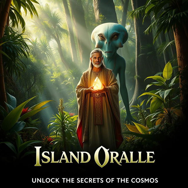 A thrilling film poster for 'Island Oracle' featuring a dense, vibrant forest teeming with exotic plants and towering trees