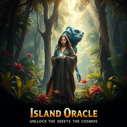 A thrilling film poster for 'Island Oracle' featuring a dense, vibrant forest teeming with exotic plants and towering trees