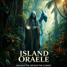 A thrilling film poster for 'Island Oracle' featuring a dense, vibrant forest teeming with exotic plants and towering trees