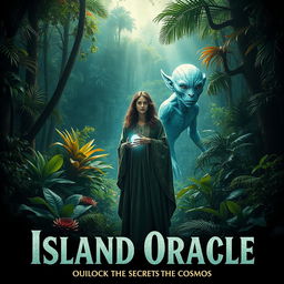 A thrilling film poster for 'Island Oracle' featuring a dense, vibrant forest teeming with exotic plants and towering trees