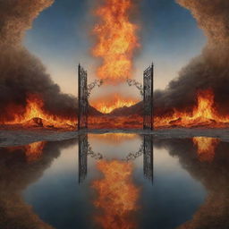 A surreal landscape depicting heaven and hell as reflections of each other, with the earth at the boundary. Pearly gates and fire pits mirrored to symbolize 'As above, so below'.