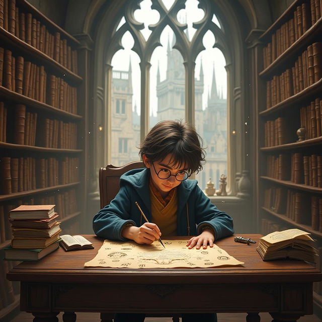 A whimsical scene of a young wizard resembling Harry Potter sitting at an antique wooden desk in a grand Oxford University classroom, surrounded by towering bookshelves filled with dusty old tomes