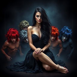 A visually stunning dark romance book cover featuring an attractive human female with long, flowing black hair