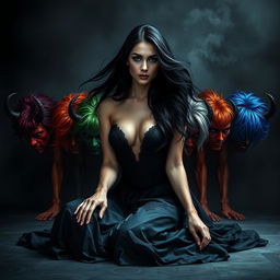 A visually stunning dark romance book cover featuring an attractive human female with long, flowing black hair