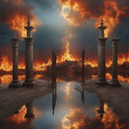 A surreal landscape depicting heaven and hell as reflections of each other, with the earth at the boundary. Pearly gates and fire pits mirrored to symbolize 'As above, so below'.