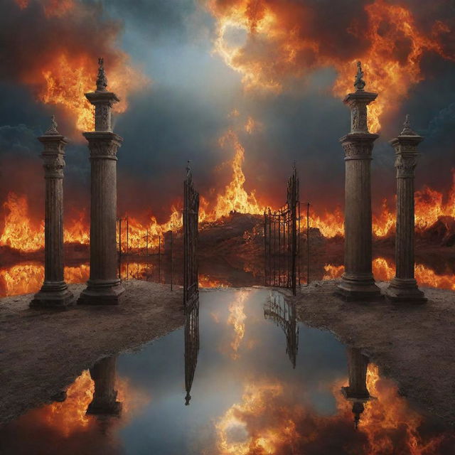 A surreal landscape depicting heaven and hell as reflections of each other, with the earth at the boundary. Pearly gates and fire pits mirrored to symbolize 'As above, so below'.