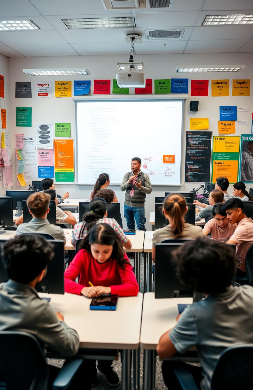 A vibrant classroom scene filled with students actively engaged in learning computer science