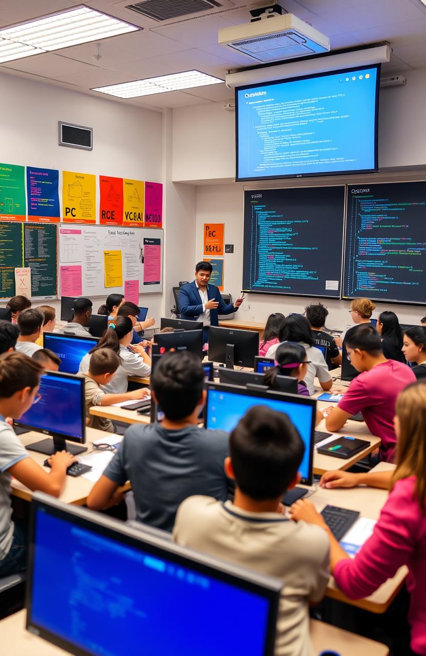 A vibrant classroom scene filled with students actively engaged in learning computer science