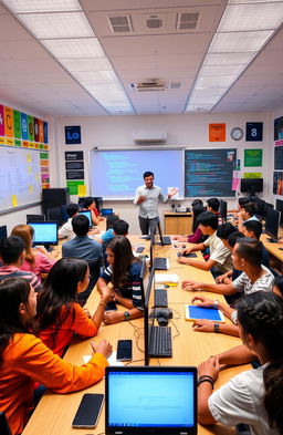 A vibrant classroom scene filled with students actively engaged in learning computer science