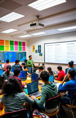 A vibrant classroom scene filled with students actively engaged in learning computer science