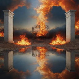 A surreal landscape depicting heaven and hell as reflections of each other, with the earth at the boundary. Pearly gates and fire pits mirrored to symbolize 'As above, so below'.