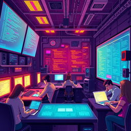 An intricate and detailed illustration of a computer science concept, showcasing a futuristic computer lab filled with advanced technology, glowing screens displaying code and algorithms, a diverse group of young adults collaborating at desks, brainstorming with digital devices