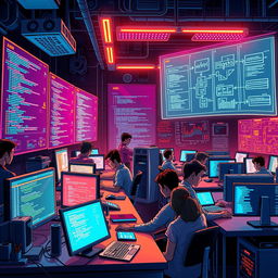 An intricate and detailed illustration of a computer science concept, showcasing a futuristic computer lab filled with advanced technology, glowing screens displaying code and algorithms, a diverse group of young adults collaborating at desks, brainstorming with digital devices