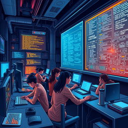 An intricate and detailed illustration of a computer science concept, showcasing a futuristic computer lab filled with advanced technology, glowing screens displaying code and algorithms, a diverse group of young adults collaborating at desks, brainstorming with digital devices