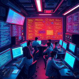 An intricate and detailed illustration of a computer science concept, showcasing a futuristic computer lab filled with advanced technology, glowing screens displaying code and algorithms, a diverse group of young adults collaborating at desks, brainstorming with digital devices