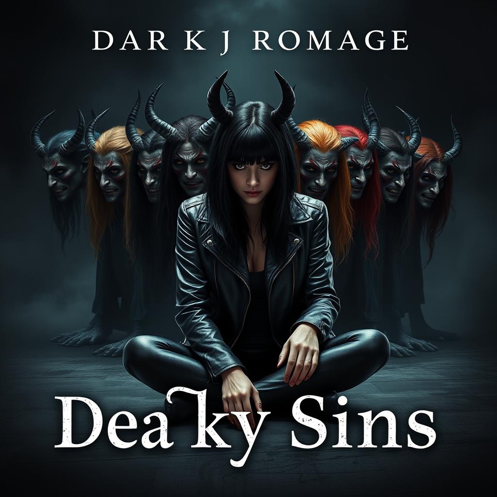 A photorealistic and visually stunning dark romance book cover featuring a black-haired human female wearing a leather black jacket, sitting on the floor