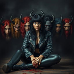 A photorealistic and visually stunning dark romance book cover featuring a black-haired human female wearing a leather black jacket, sitting on the floor