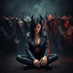 A photorealistic and visually stunning dark romance book cover featuring a black-haired human female wearing a leather black jacket, sitting on the floor