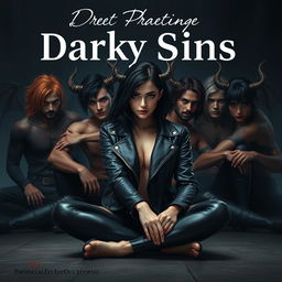 A photorealistic and visually stunning dark romance cover featuring a black-haired human female with a captivating expression, wearing a sleek black leather jacket