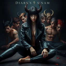 A photorealistic and visually stunning dark romance cover featuring a black-haired human female with a captivating expression, wearing a sleek black leather jacket