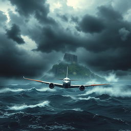 An airplane struggling to navigate through a heavy storm above a turbulent ocean, with dark storm clouds swirling ominously overhead