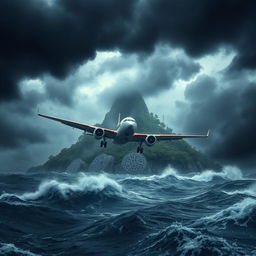 An airplane struggling to navigate through a heavy storm above a turbulent ocean, with dark storm clouds swirling ominously overhead