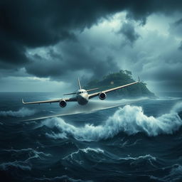 An airplane struggling to navigate through a heavy storm above a turbulent ocean, with dark storm clouds swirling ominously overhead