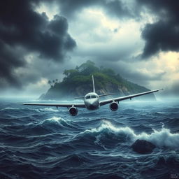 An airplane struggling to navigate through a heavy storm above a turbulent ocean, with dark storm clouds swirling ominously overhead