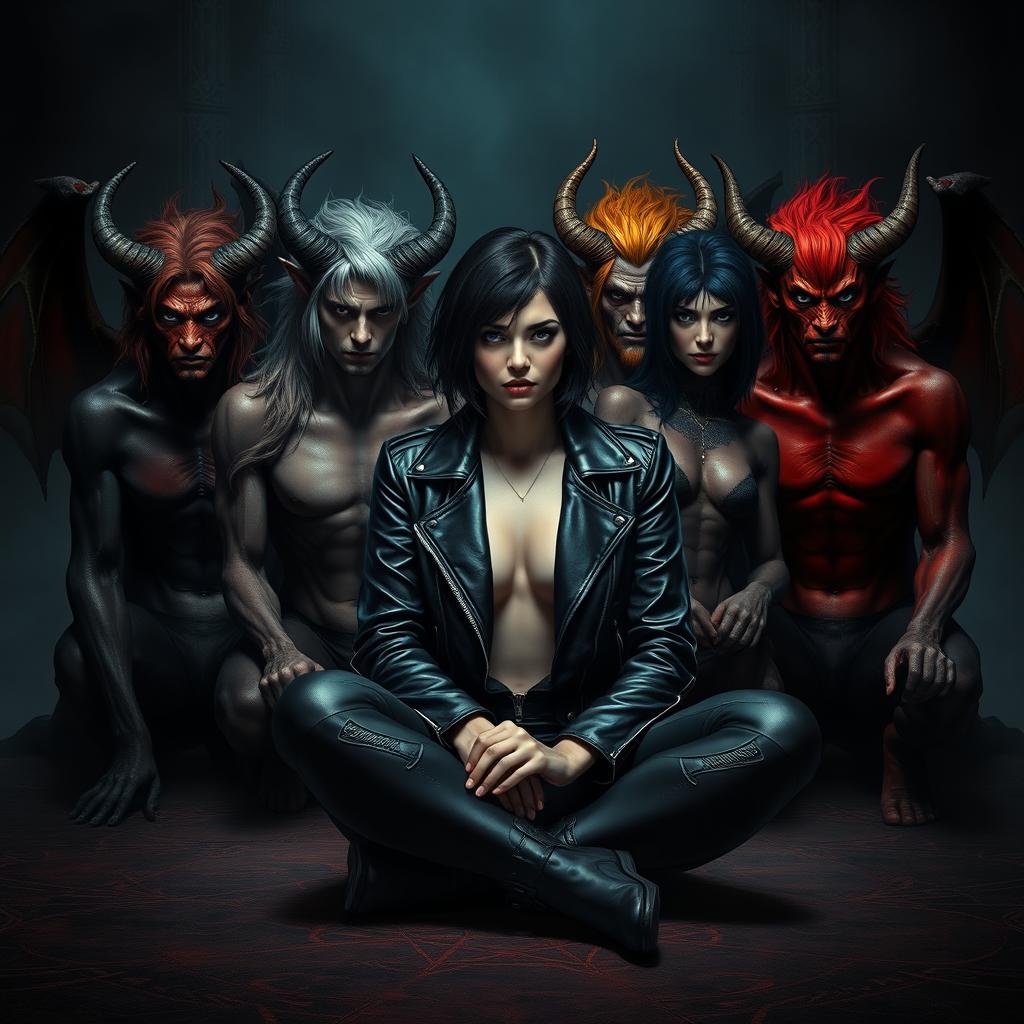 A photorealistic dark fantasy book cover featuring a striking scene with a black-haired human female character seated on the floor