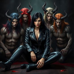 A photorealistic dark fantasy book cover featuring a striking scene with a black-haired human female character seated on the floor