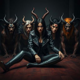 A photorealistic dark fantasy book cover featuring a striking scene with a black-haired human female character seated on the floor