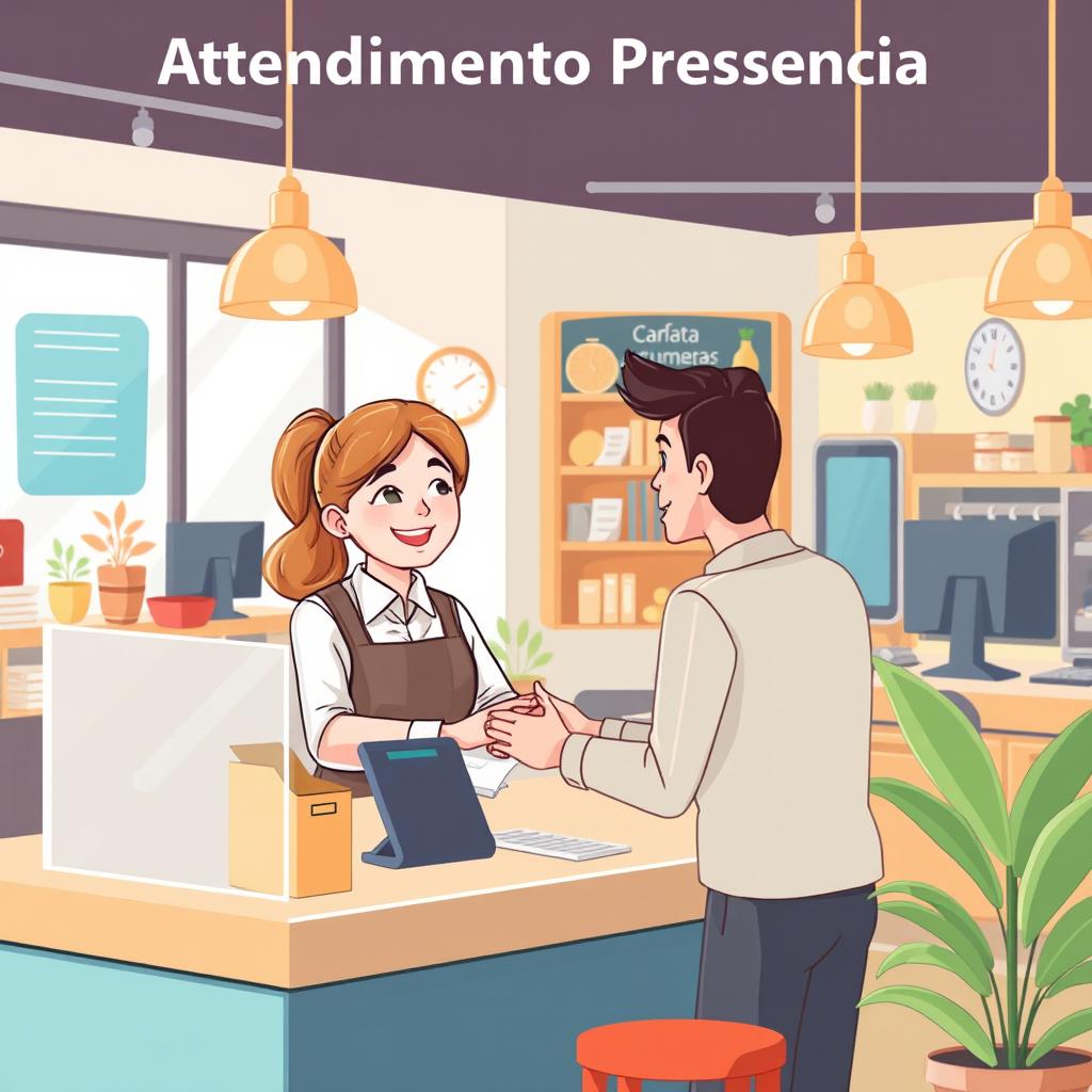 An illustrative and warm image suitable for the 'Atendimento Presencial' section of an e-book discussing customer service