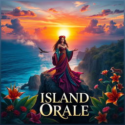 A dramatic and cinematic poster featuring a mystical island oracle