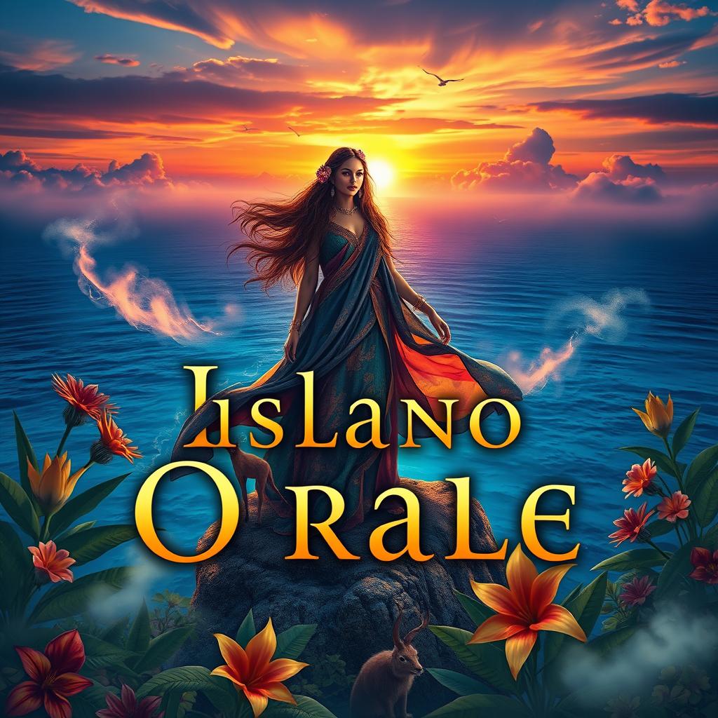 A dramatic and cinematic poster featuring a mystical island oracle