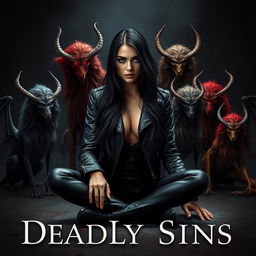 A photorealistic dark fantasy book cover featuring a strikingly beautiful human female with long black hair, wearing a form-fitting leather black jacket