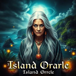 A dramatic and intense cinematic poster featuring an Island Oracle, with a mystical and enchanting atmosphere