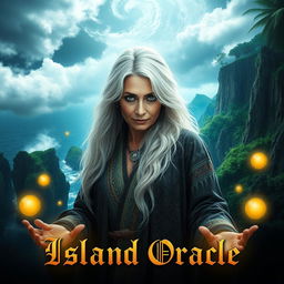 A dramatic and intense cinematic poster featuring an Island Oracle, with a mystical and enchanting atmosphere