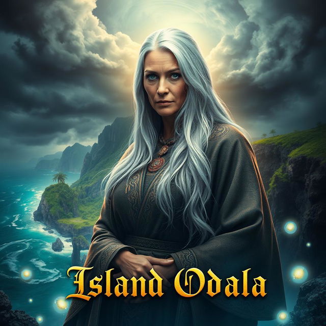 A dramatic and intense cinematic poster featuring an Island Oracle, with a mystical and enchanting atmosphere