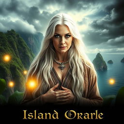 A dramatic and intense cinematic poster featuring an Island Oracle, with a mystical and enchanting atmosphere