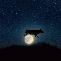 A playful cow gracefully leaping over a glowing full moon against a starry night sky.